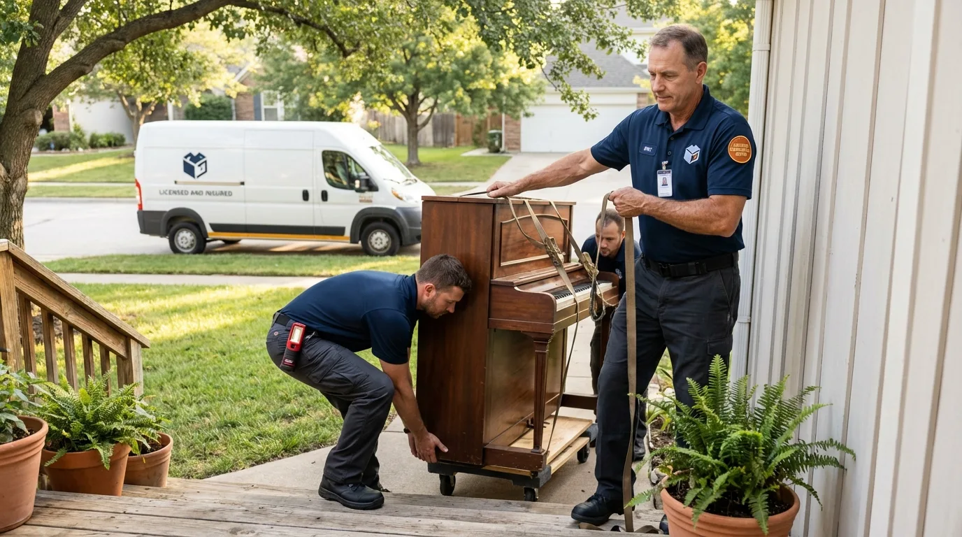 Licensed piano movers securing grand piano in Yankton, SD