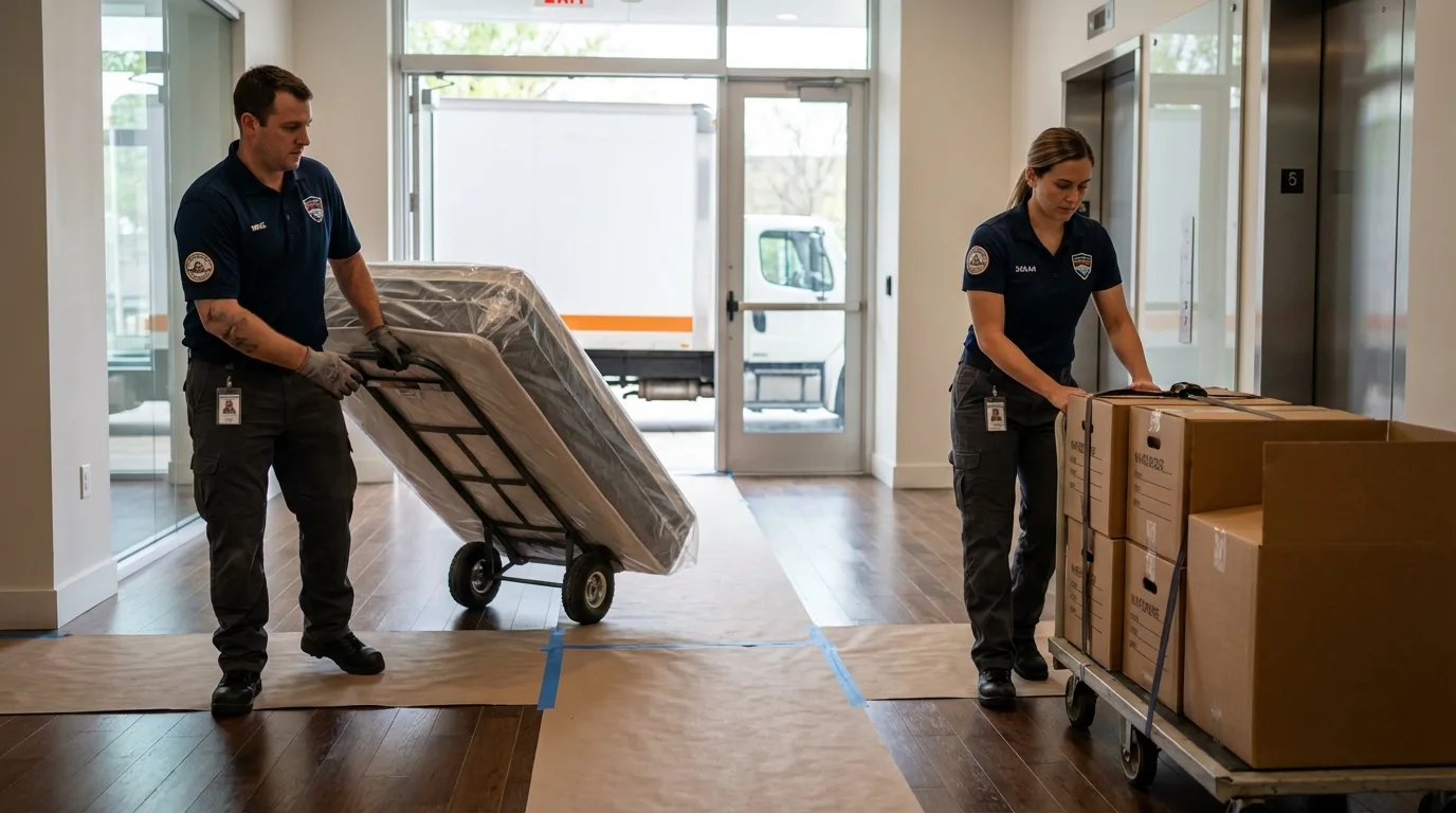 Professional apartment movers loading elevator in Yankton, SD
